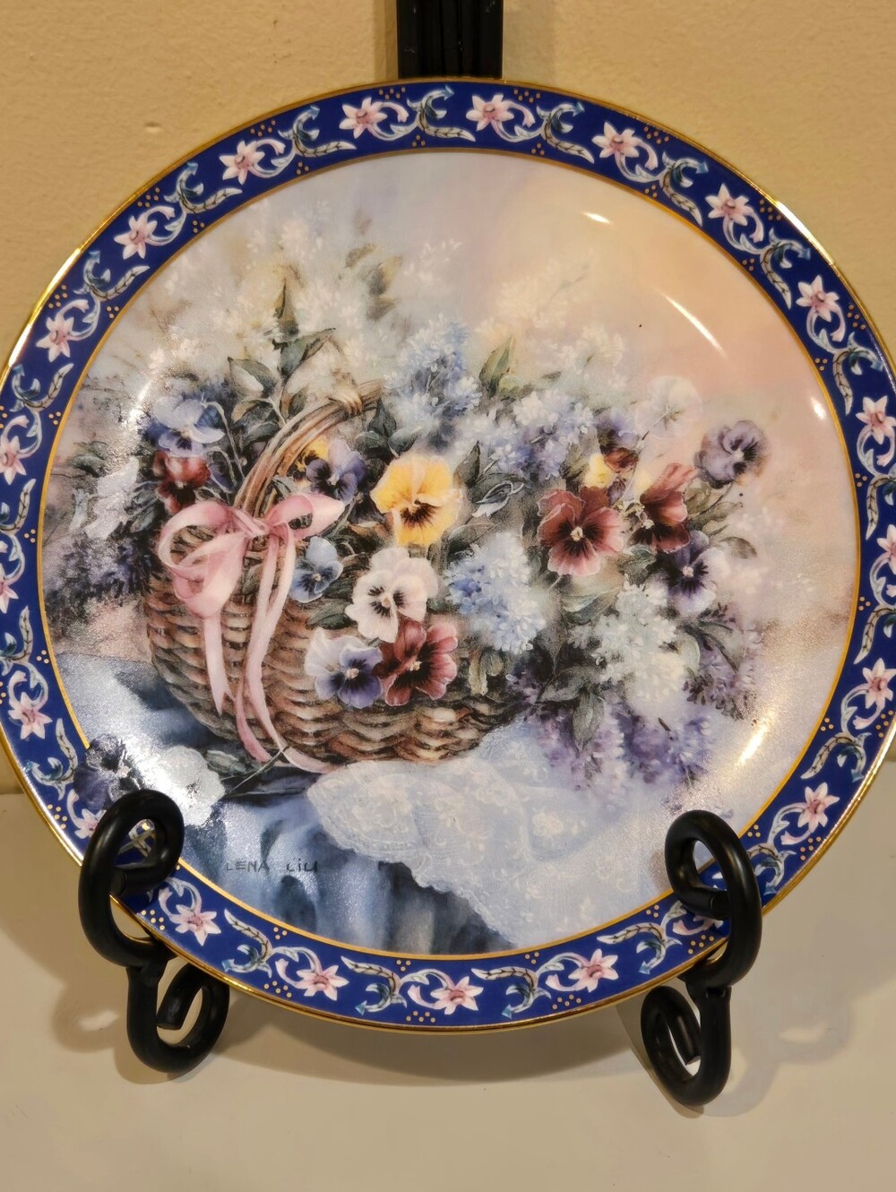 Vintage Lena Liu's Pansies Basket Decorative Porcelain Plate in Blue & Pastel